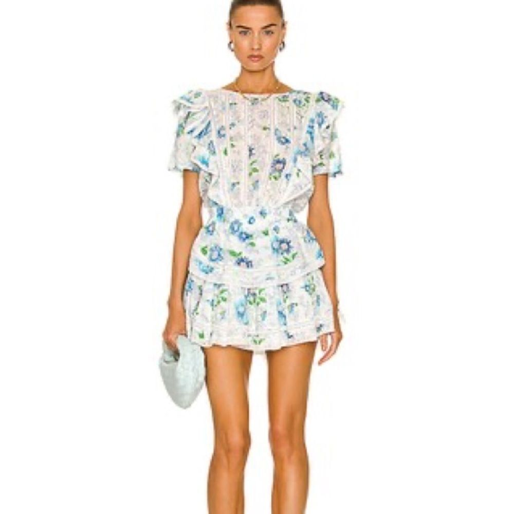 LoveShackFancy Natasha Woman’s Mini Dress in Blueberry Cloud. Size P.